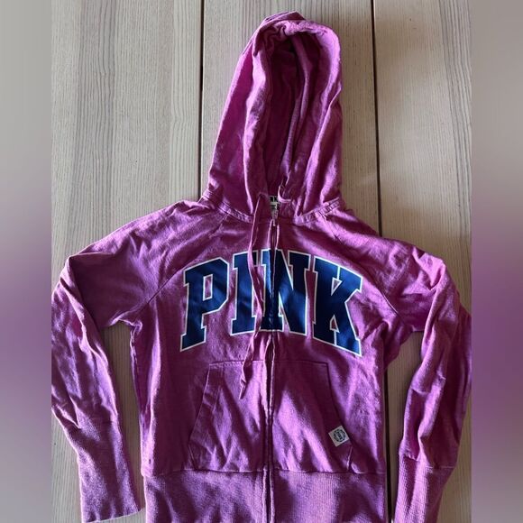 PINK by Victoria Secret light weight logo zip up hoodie with front pocket pink M - Picture 1 of 5
